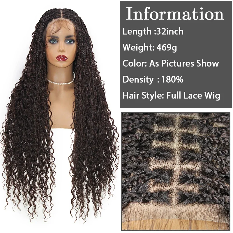 32" Bohemian Full Lace Front Braided Wig With Curly Hair Distressed Knotless Box Braided Wigs For Women Synthetic Twist Wigs