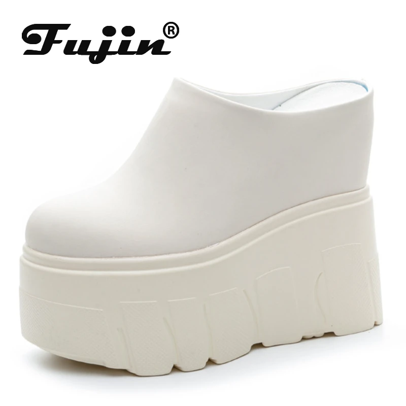 Fujin 14cm  Ladies Summer Shoes Slip on Genuine Leather Fashion Women Wedge Slipper Platform Wedge Sandals Sandals