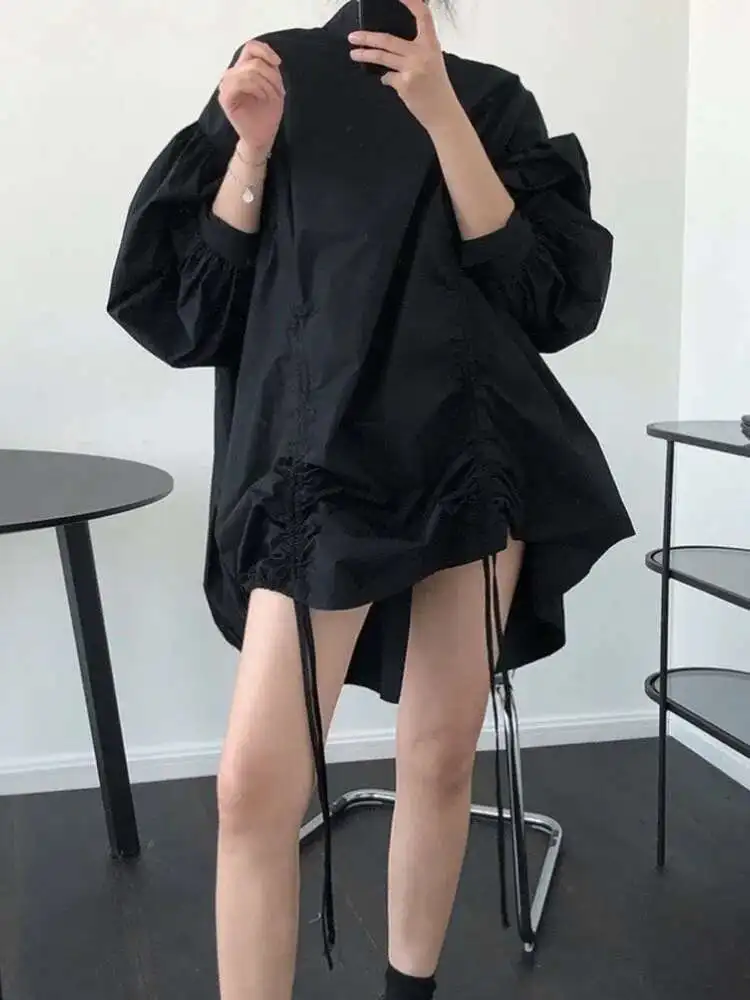 TLXT Mode Gesplitste Onregelmatige Jurk Dames Opstaande Kraag Lantaarnmouwen Trekkoord Designer Korte Jurken Zomer 2025, XK1285