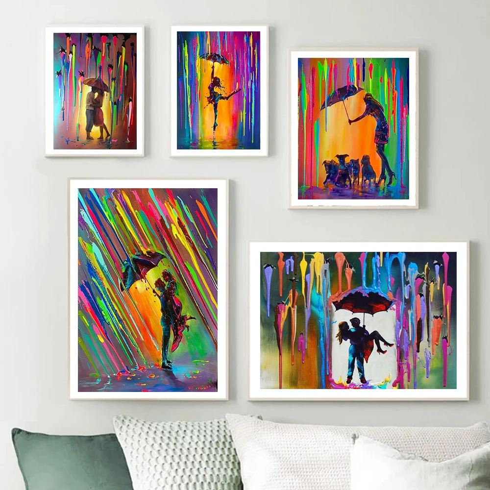 Abstract Canvcas Painting Wall Art Romantic Lovers Under The Rainbow Rain Canvas Poster Prints For Living Room Home Decor