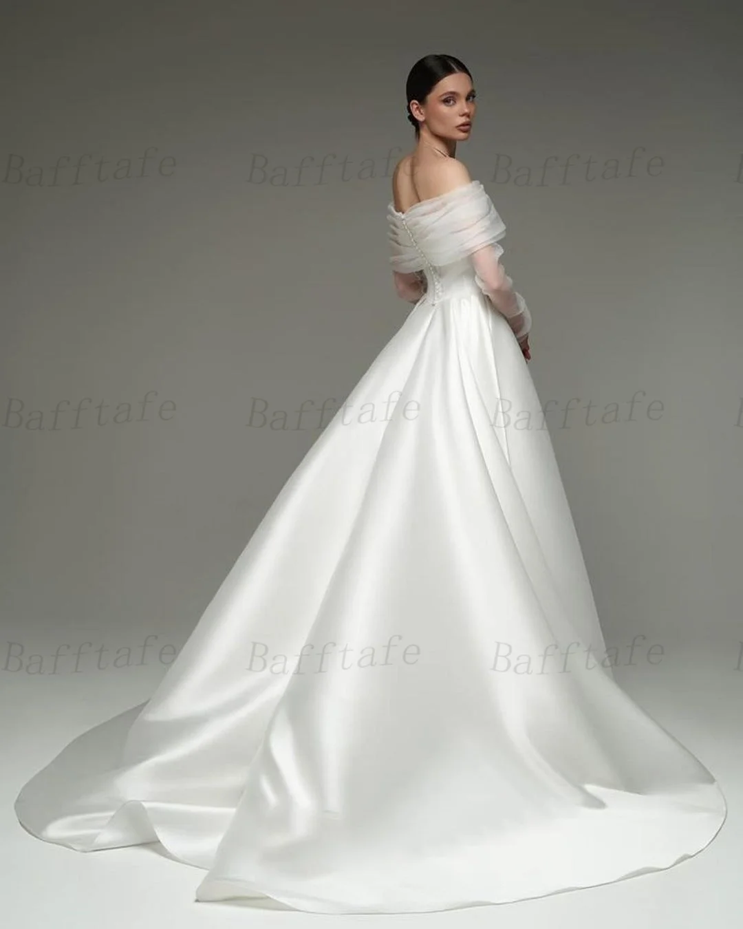 Bafftafe A-Linie Satin Braut Brautkleider Organza Lange Ärmel Schlitz Hochzeit Fotos Schießen Frauen Party Brautkleider Maßgeschneidert