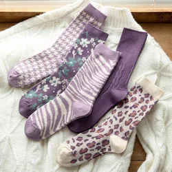 5 Pairs Women's Autumn Winter Socks Mid Tube Socks Purple Socks Female Small Pile Socks Thick Socks Solid Color Simple Wholesale