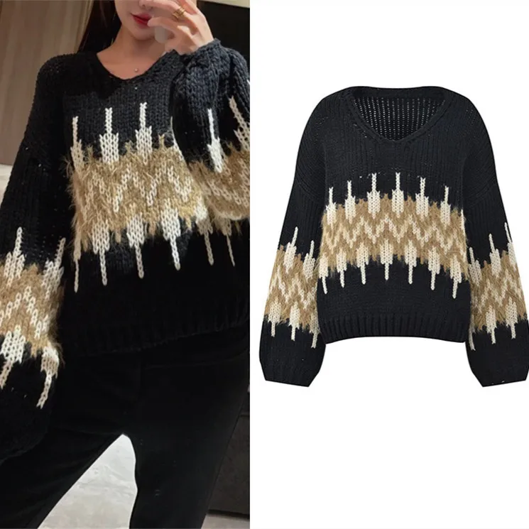 

Высококачественный свободный женский длинный свитер в европейском стиле с круглым вырезом Ne, вязаный свитер с фонариками и цветным дизайном Blo