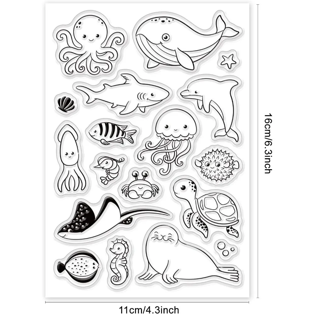 Sea Animal Clear Stamps Marine Seahorse Turtle Dolphin Whale Silicone Stamp Film Frame Transparent Seal Stamps for Invitation