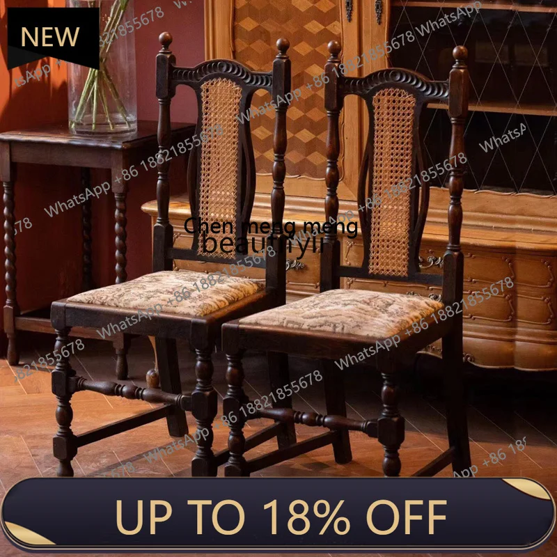 

P178 Medieval style solid wood dining chair American hand-carved fabric office dressing leisure chair