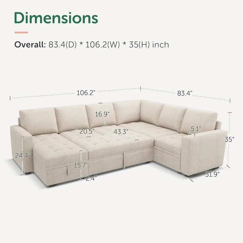 Sectional Sleeper Sofa Couch with Pull Out Bed, Convertible L Shaped Sleeper Sectional Couch with Storage,Sleeper Sofa 3