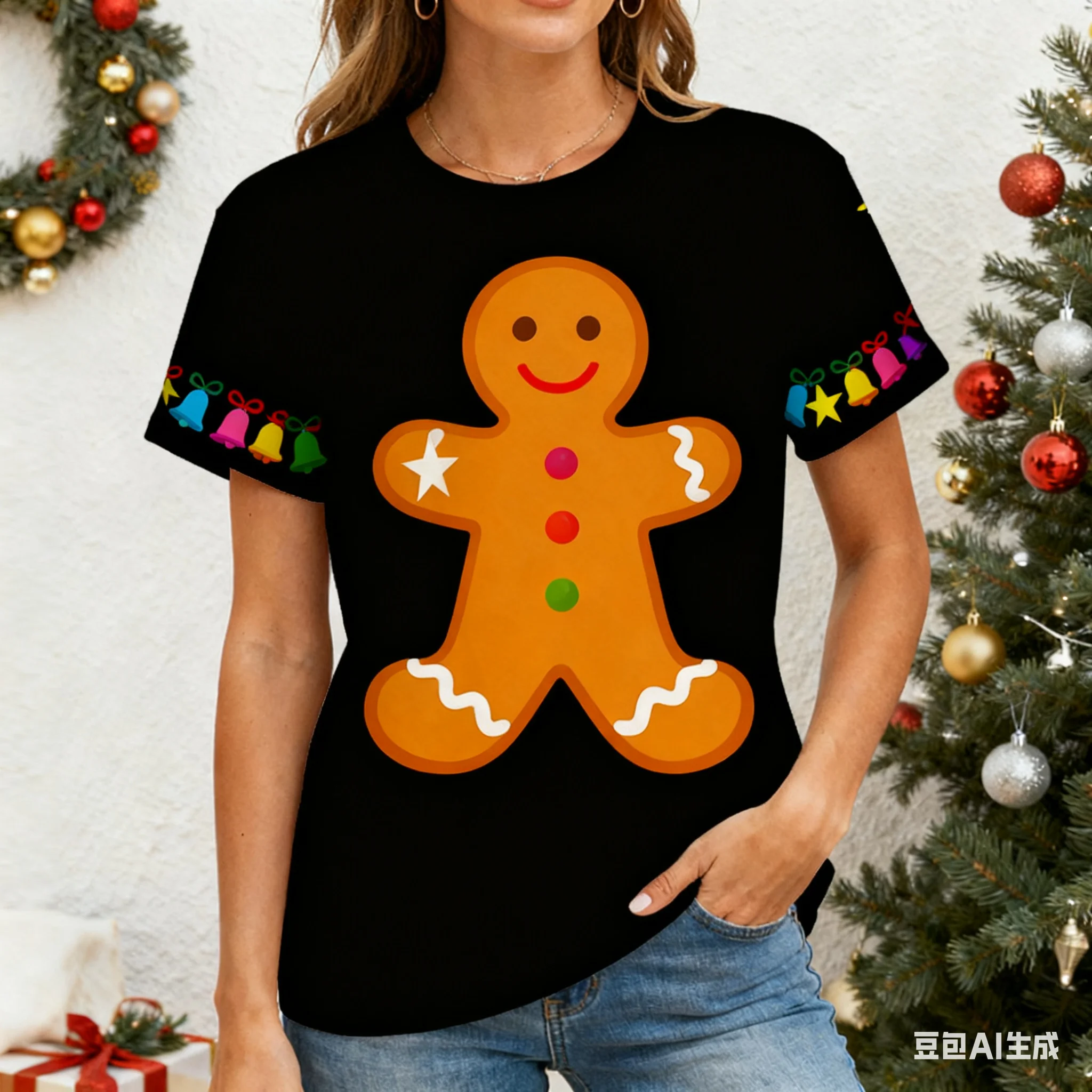

Fuuny Gingerbread Printed Female's Clothing 3D Christmas Elements Fashion T-shirt For Women New Year X'mas Hip Hop Party Tee Top