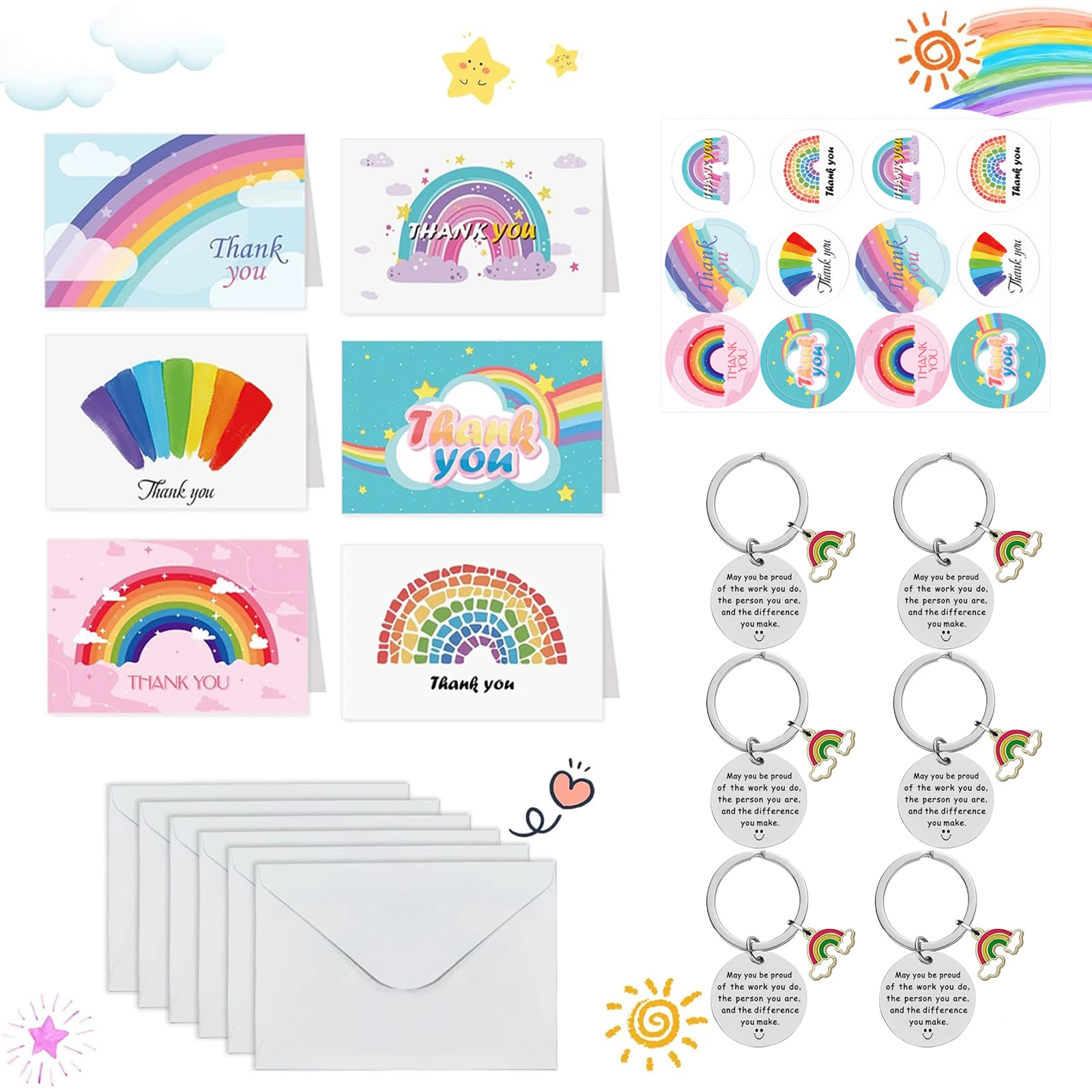 19pcs Thank You Gifts Rainbow Keyring Leaving Gifts Teachers Colleagues Farewell Card Envelopes Stainless Inspirational Gifts