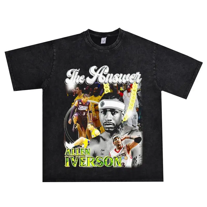 Washed Vintage Basketball Answer Allen Iverson T-Shirt Unisex Loose Fit Cotton Printed Retro Style Breathable Summer Top