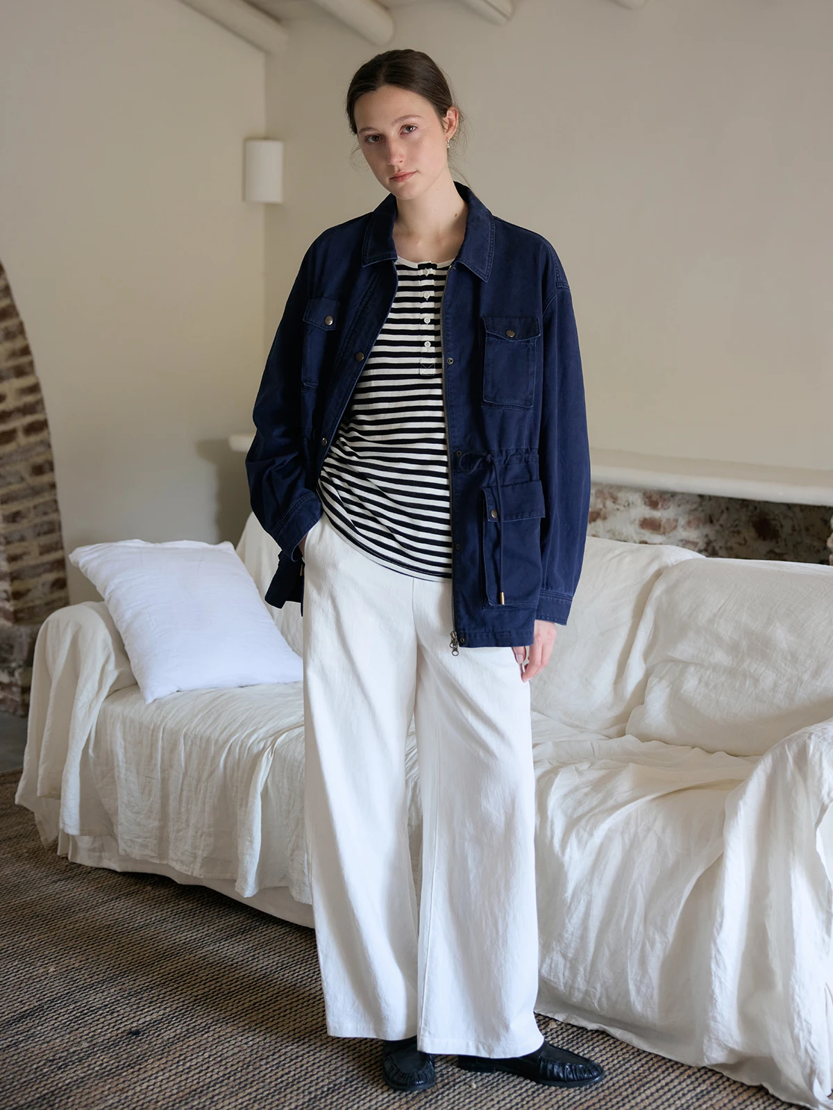 Retro Washed Multi-Pocket Drawstring Waist Denim Work Jacket Outerwear Casual Loose Fit Long Sleeve Ladies Coat