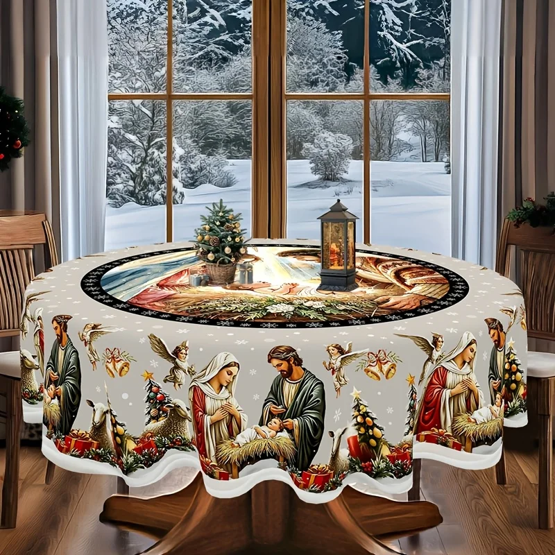 1 traditional European Christmas tablecloth for the dining room - nativity scene and angel tree design,