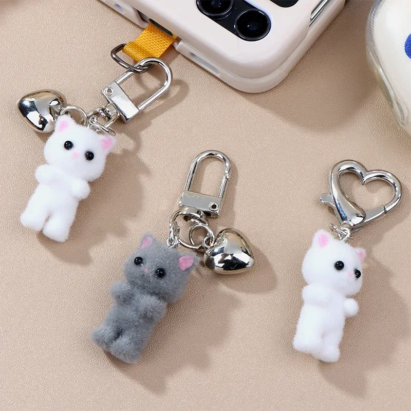 1-10PCS Cute Flocking Cat Keychain Love Heart Key Chains Phone Pendant Headphone Case Charm Bag Decor Car Key Ring Jewelry Gift