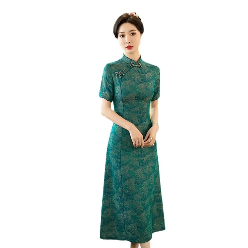 ซูโจวและหางโจวปรับปรุงใหม่สไตล์จีน Cheongsam ยาว Qi Pao กระโปรงแกว่งขนาดใหญ่ฤดูใบไม้ผลิฤดูร้อนผู้หญิงสูงอายุวัยกลางคน