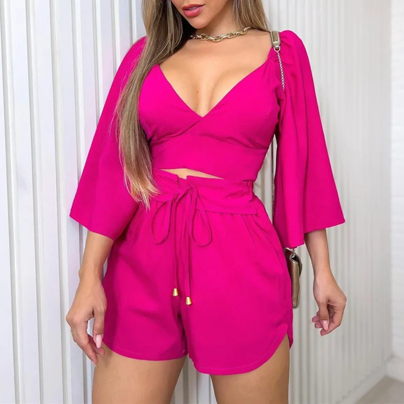 

Women 2023 Autumn Shorts Two Piece Set V Neck Backless Flared Sleeve Shirt High Waist Short Elegant Casual Streetwear Suit Sexy