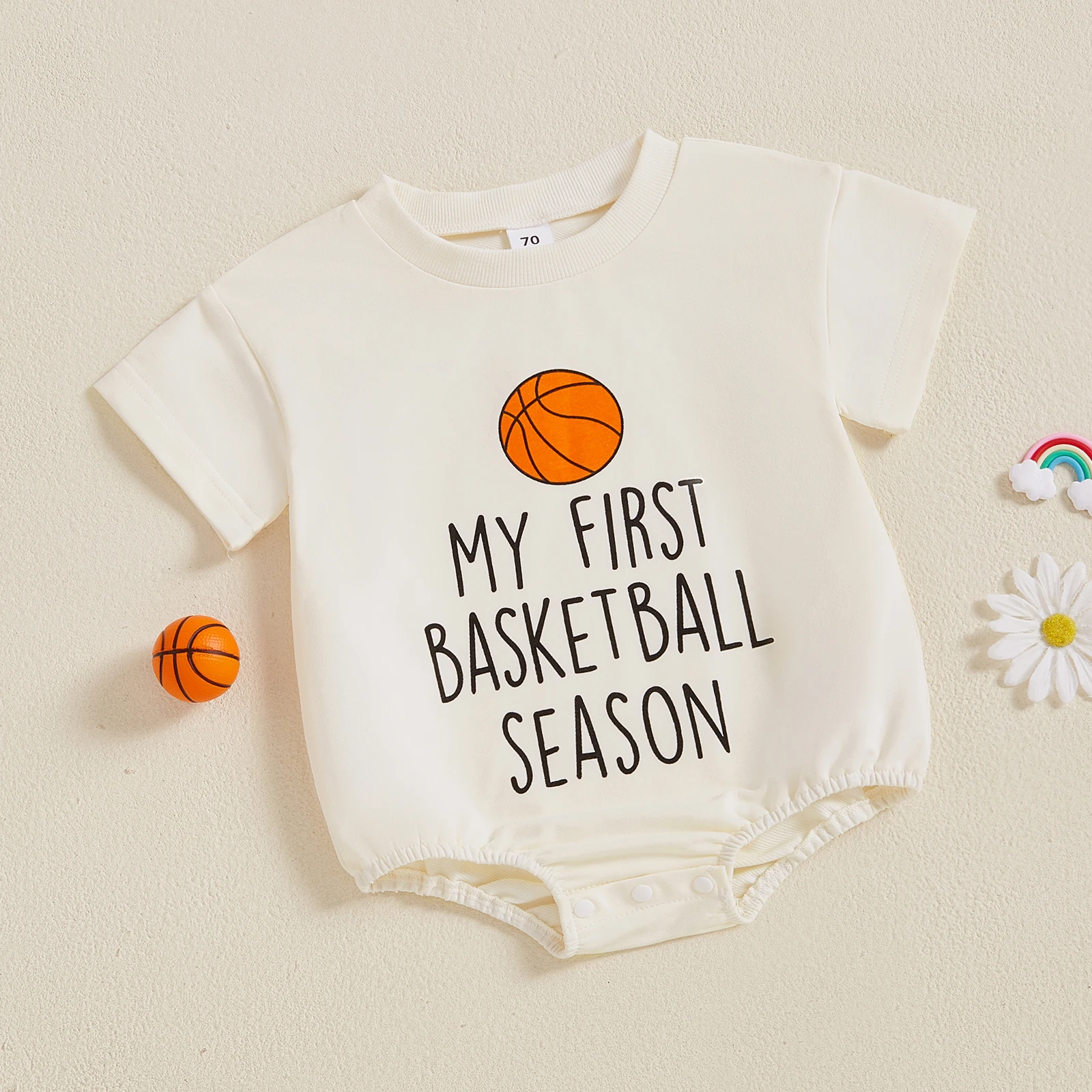 FOCUSNORM 0-18M Summer Lovely Baby Boys Girls Romper Letter Basketball Print Short Sleeve Round Neck Jumpsuit