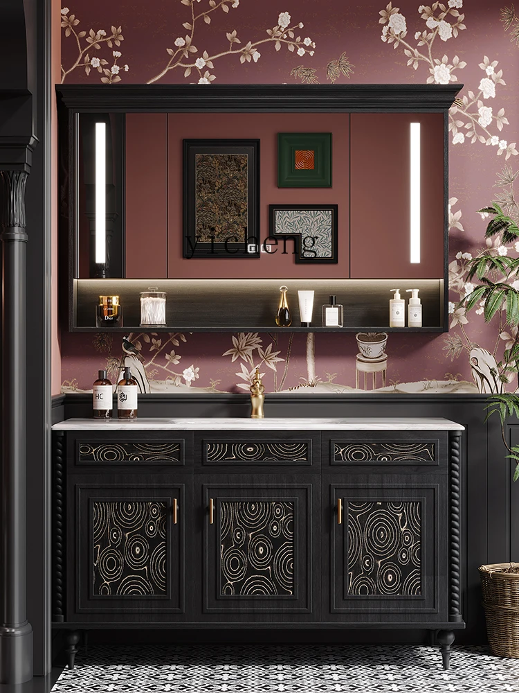 

TQQ antique bathroom cabinet combination floor-to-ceiling bathroom retro washstand hand washbasin cabinet