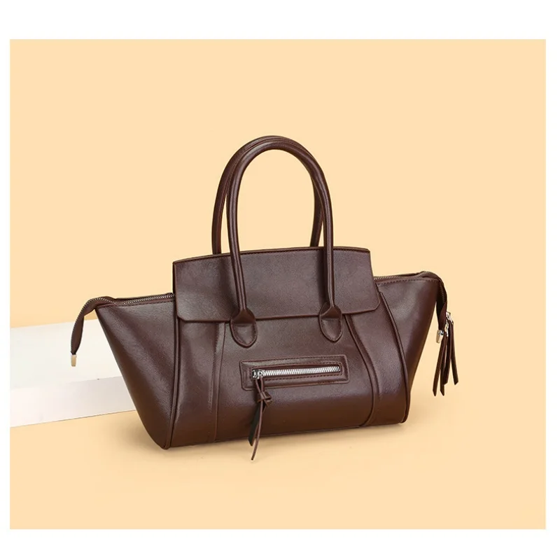 Women Retro Wing Tote Handbag, Large Capacity Zip Pocket Design Solid Color Business Commute Shoulder Purse