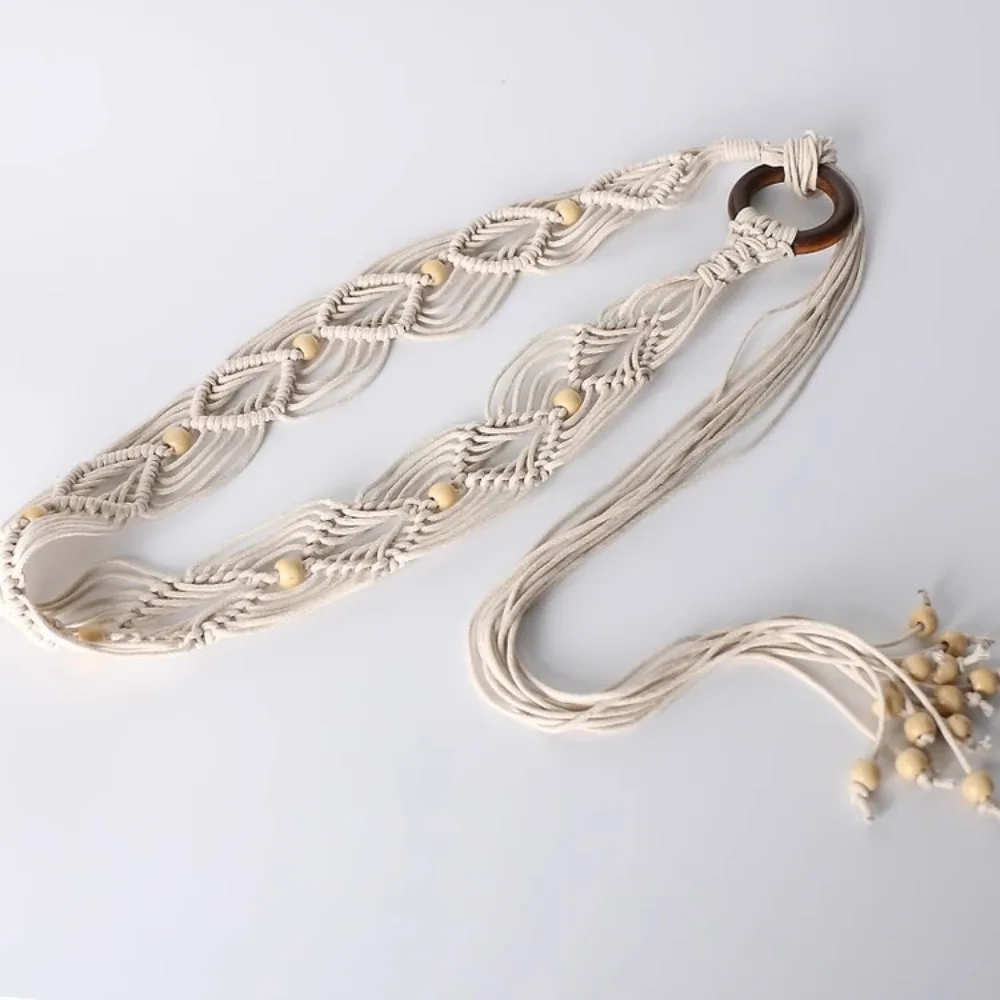 Fashion Wax Rope Female Waist Rope Bohemian Style Woven Knot Dress Waistband Wood Bead Decors Handmade Waist Belt for Women