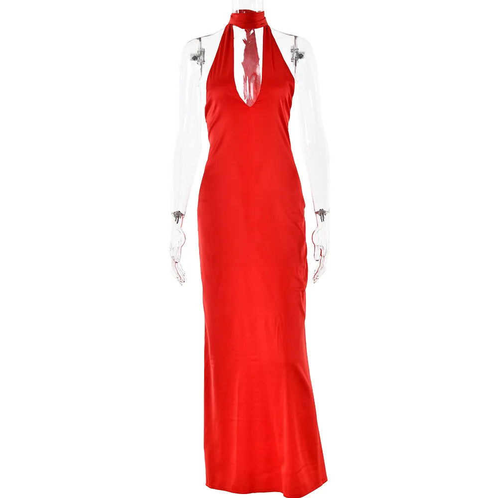 2025 สีแดงซาตินฤดูร้อนชุดผู้หญิงเซ็กซี่Backless Slim Maxi Holiday Beach Dresses Elegant Halter Evening Partyชุด