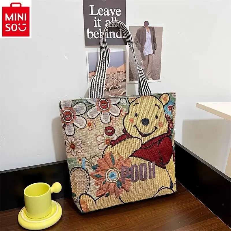 MINISO Disney Winnie Bear Stitch Cartoon Embroidered Canvas Fashion Shopping Bag One Shoulder Women\'s Large Capacity Handbag