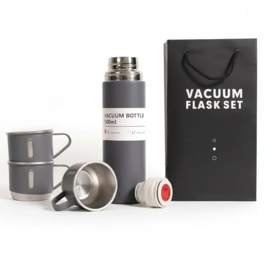 

Gray Vacuum Flask Gift Set, Stainless Steel Insulated Water Bottle w/ 3 Cups, Hot and Cold Drinks Coffee Thermo Water Bottle, R