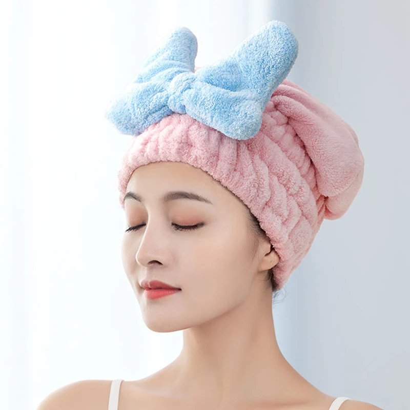 Coral Velvet Hair Drying Towels Super Absorbent Turban Hair Towel Cap Quick Dry Head Wrap Bow-Knot Shower Cap For Wet Hair