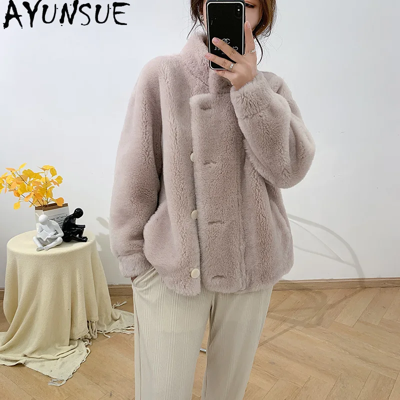 AYUNSUE 100% ウールコート レディース 2025 冬服 女性用 本物の羊毛 シアリングジャケット グレインファッション 合成毛皮 パルトォ ジェンソーレ