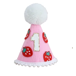 1pc Strawberry 1st Birthday Hat Handmade Party Decoration Pink Cone Hat First Birthday Photography Atmosphere Prop for Girls