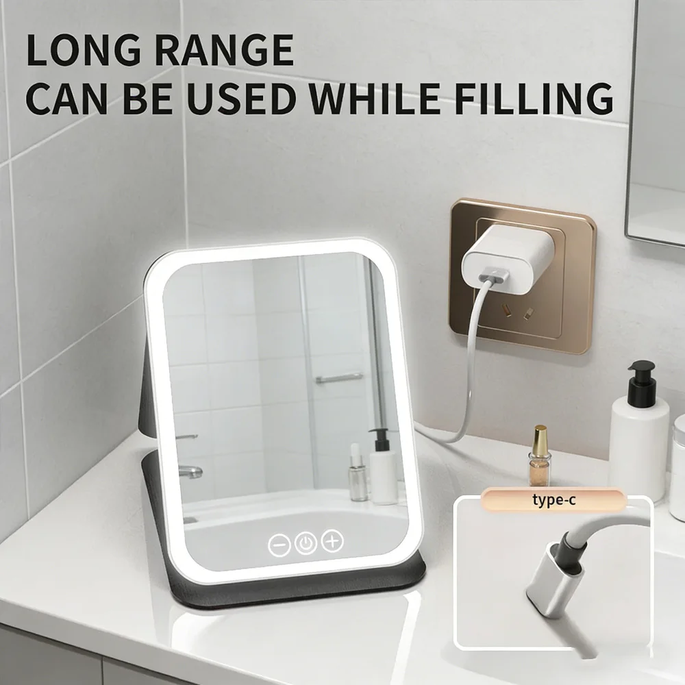 Lusterko do makijażu z podświetleniem LED, składane, ładowalne, przenośne - kompaktowe lusterko kosmetyczne do podróży i na biurko