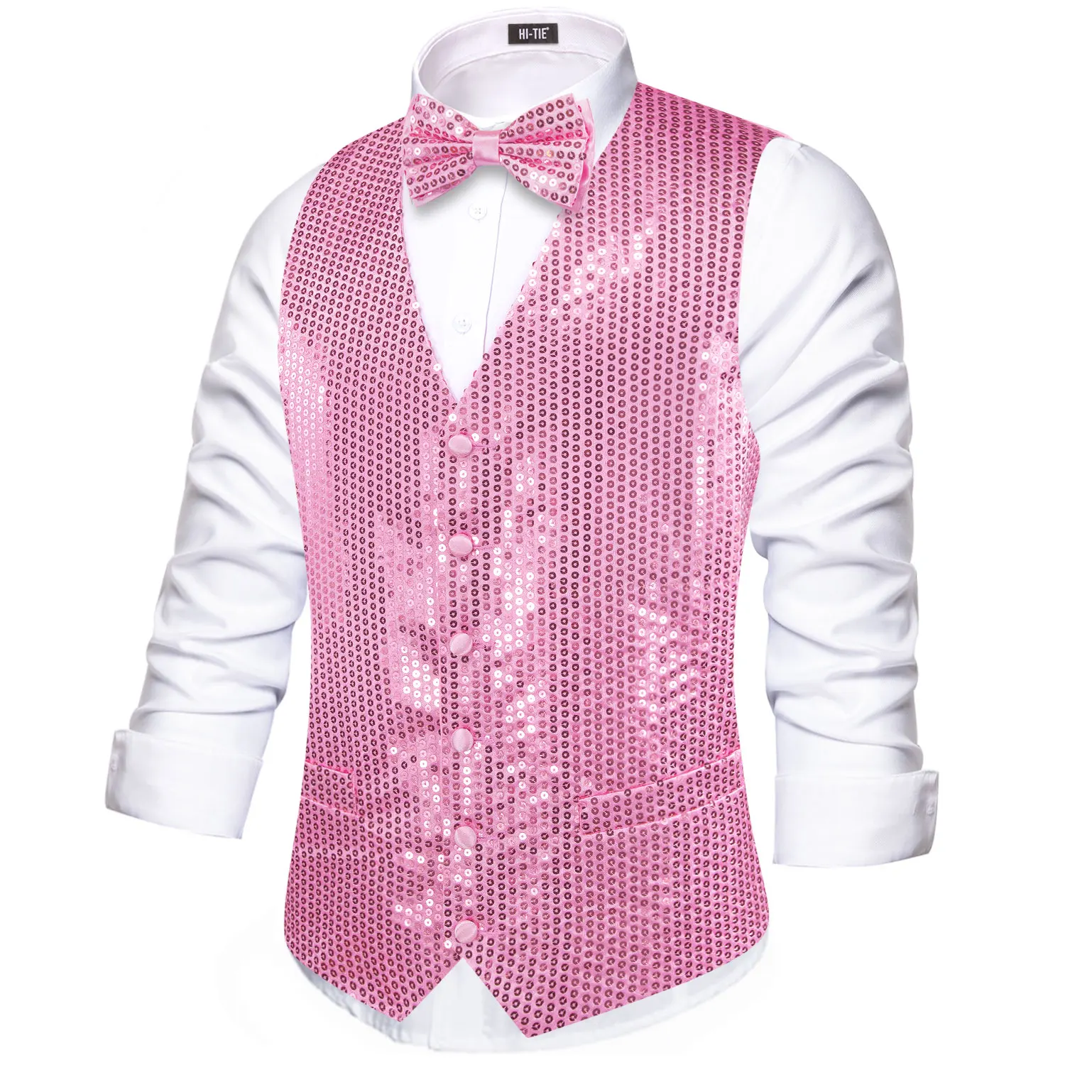 Hi-Tie Sequin Jacquard Collar Pink Solid Suit Vest Slim Fit Waistcoat for Wedding Groomsmen V-Neck Tuxedo Sleeveless Jacket