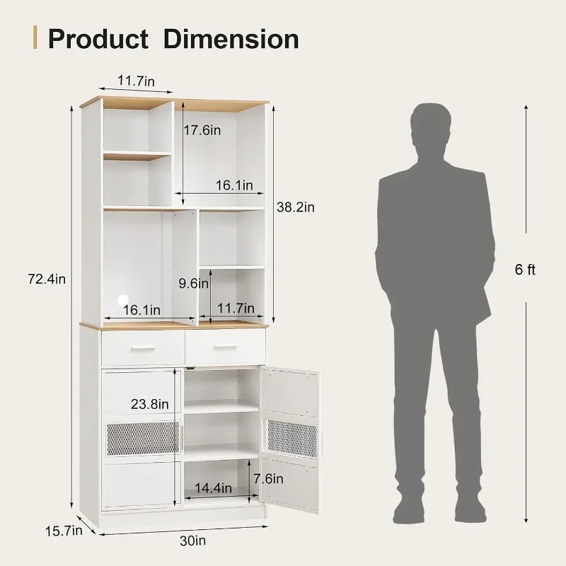 72 Inch Kitchen Sideboard Freestanding Sideboard with Multiple Open Shelves for Living Room Dining Room Entryway, White