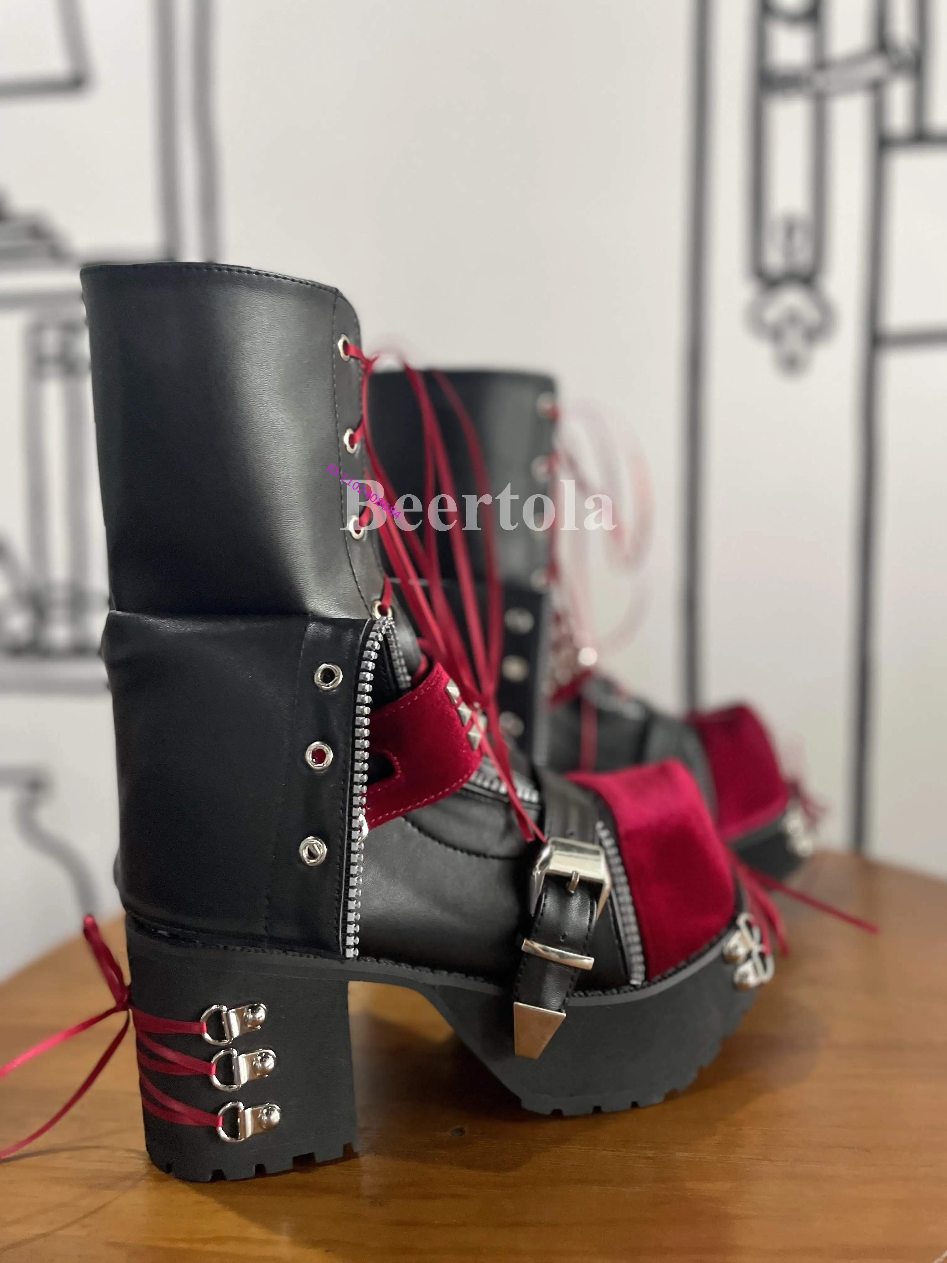 Gothic Couple Platform Mid-Calf Boots Wine Red Cross-Tied Metal Decor Chunky Heels Men Women Side Zipper High Heel Punk Boots