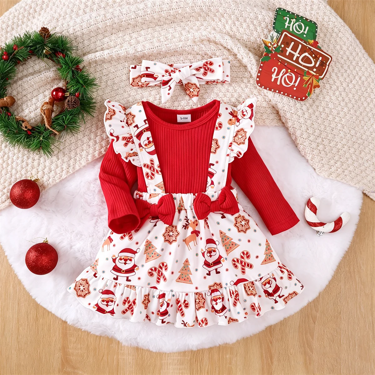 Baby Girl Christmas Set Long Sleeved Red Jumpsuit and Santa Claus Stamp Skirt suitable 0-18 Month Baby Girl Christmas Party Set