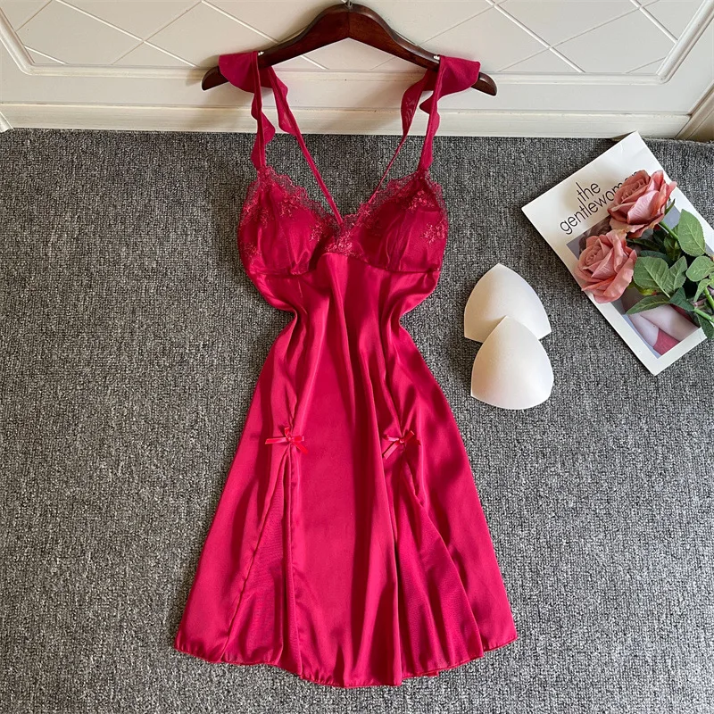 Nightgown Women Gown Sleepdress Sexy Lace Nighty Robe Spaghetti Strap Sleepwear Summer Silky Satin Nightdress Loungewear