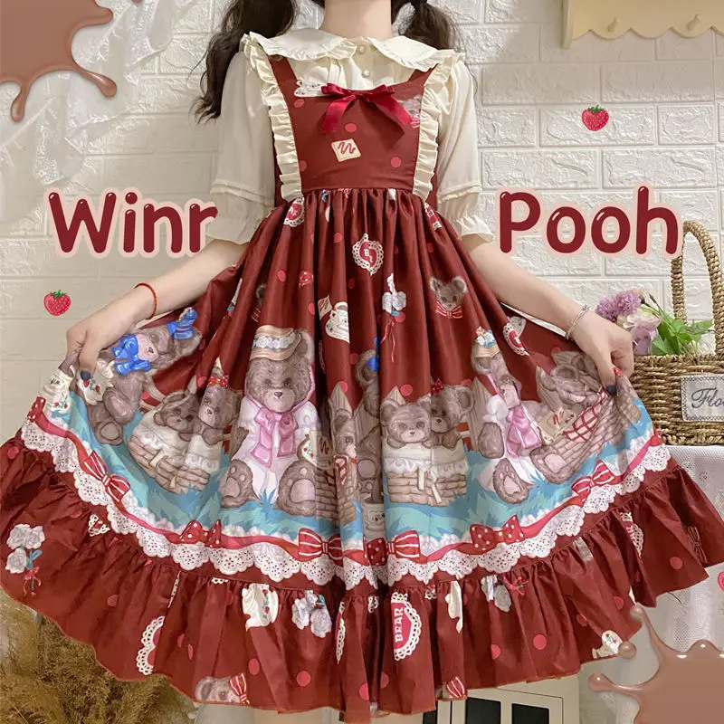 

Sweet Lolita JSK Dress Women Vintage Kawaii Printed Summer Sleeveless Dress Japanese Bow Bear Kawaii Princess Maid Dresses
