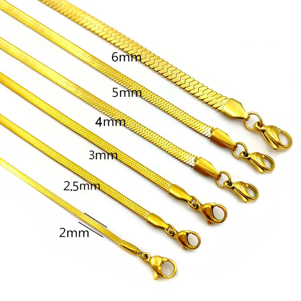 10PCS Width 2/3/4/5/6mm Snake Chain Necklace Stainless Steel Flat Necklace Gold Filmy Snake Chain For Making Jewelry