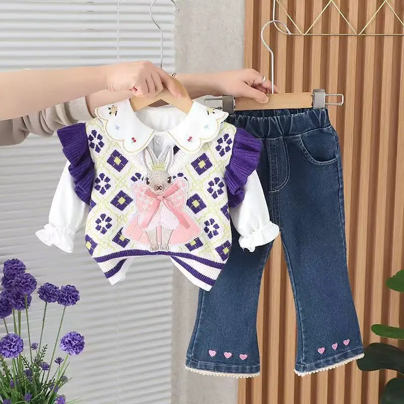 Vestido de primavera da menina do bebê na moda roupas infantis 2025new na moda dos desenhos animados colete camisola + camisa + jeans três peças conjunto crianças roupas