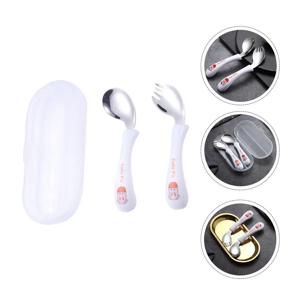 

1Set Piggy Themed Baby Spoon Fork Set Stainless Cutlery for Toddlers ABS Handle Practicing Tableware Kid Feeding Cutlery White