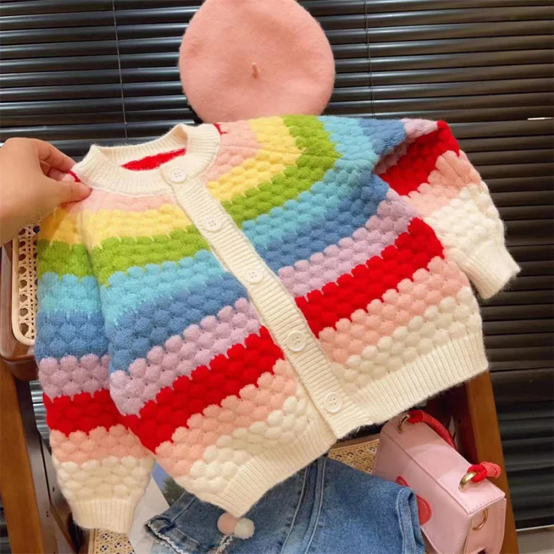 

01-Mushroom House Girls' Knitted Rainbow Sweater Autumn New Baby Girl Stylish Rainbow Coat Versatile Top