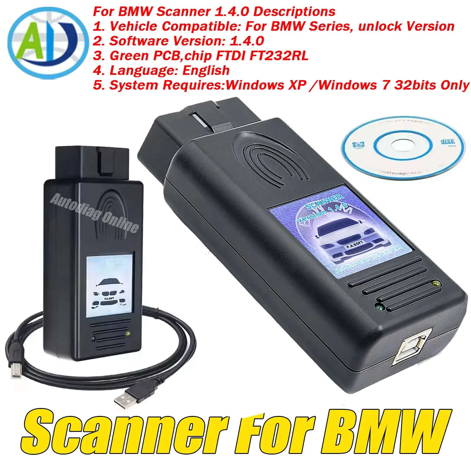 Сканер OBD2 для BMW E38 E39 E46 E53 E83 E85 Serie3 5 7 X5 X7 Версия 1.4.0 Разблокированный считыватель кодов OBD2 Диагностический сканер для BMW