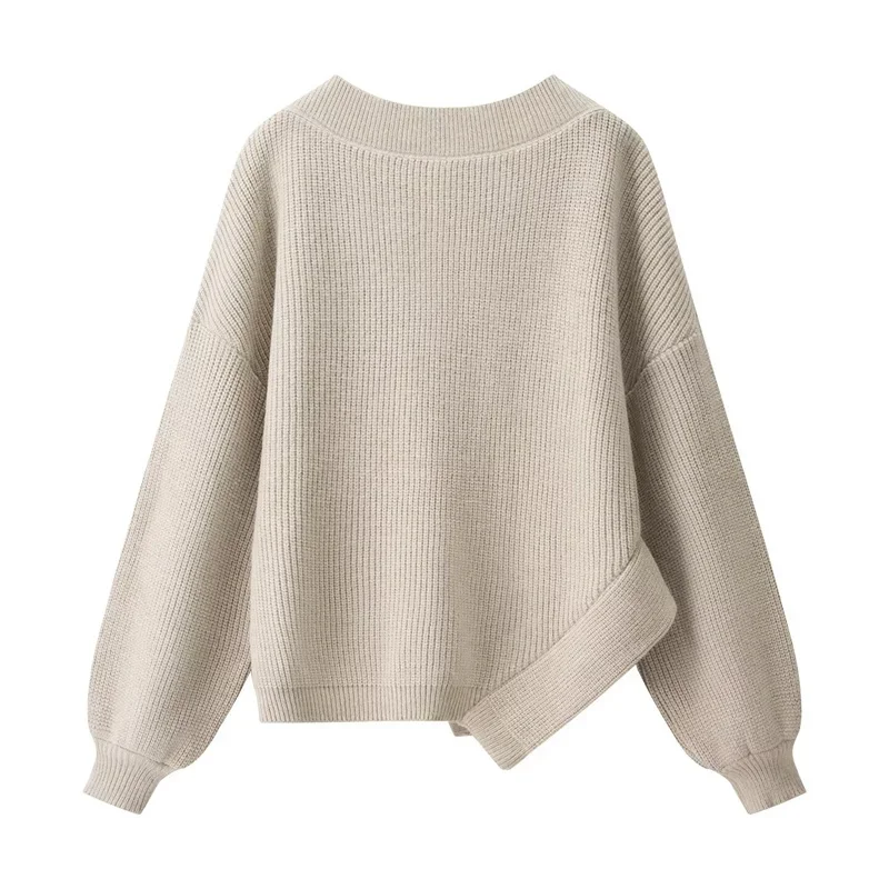 2025 Top da donna autunno nuovo stile kaki manica lunga orlo irregolare pullover in maglia allentata sexy e alla moda