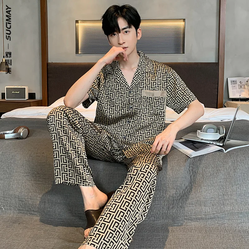 الربيع الصيف الجليد بيجامة من الحرير للرجال حجم كبير المتسكعون مجموعات الجاكار سترة ملابس خاصة محاكاة الحرير بيجامة مجموعات الرجال