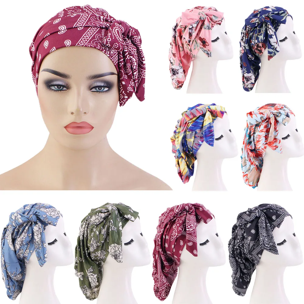 

African Print Satin Bonnet With Long Ribbon Wrap Chemo Muslim Hijab Headwrap Ankara Pattern Women Hair Cover Large Hair Wrap Cap