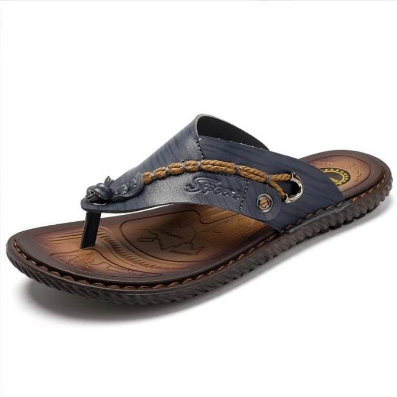 2024 Summer Handmade Leather Slippers Trendy Fashion Men\'s Flip-flops Outdoor Breathable Comfortable Men and Simple Sandals