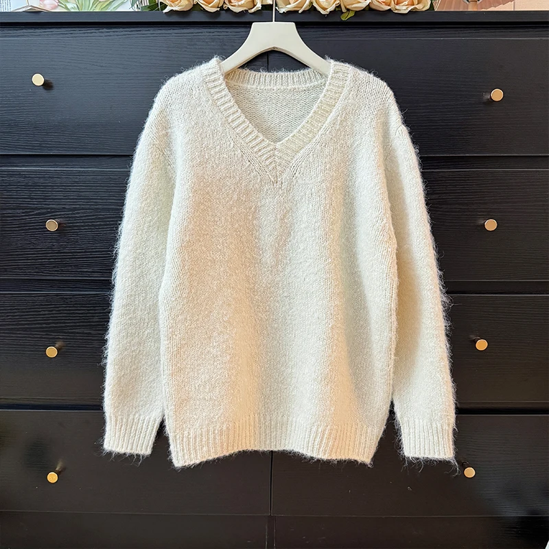 Suéter suave de manga larga con cuello en V para mujer, Jersey sencillo Vintage, holgado y versátil, Tops de punto elegantes para otoño 2025