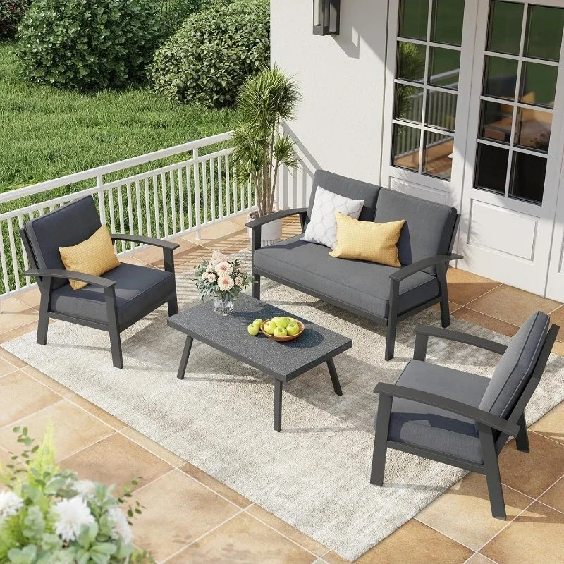 Orange-Casual Outdoor Aluminum Furniture Set - 4 Pieces PatioSectional Chat Sofa Conversation Set with Coffee Table and Loveseat