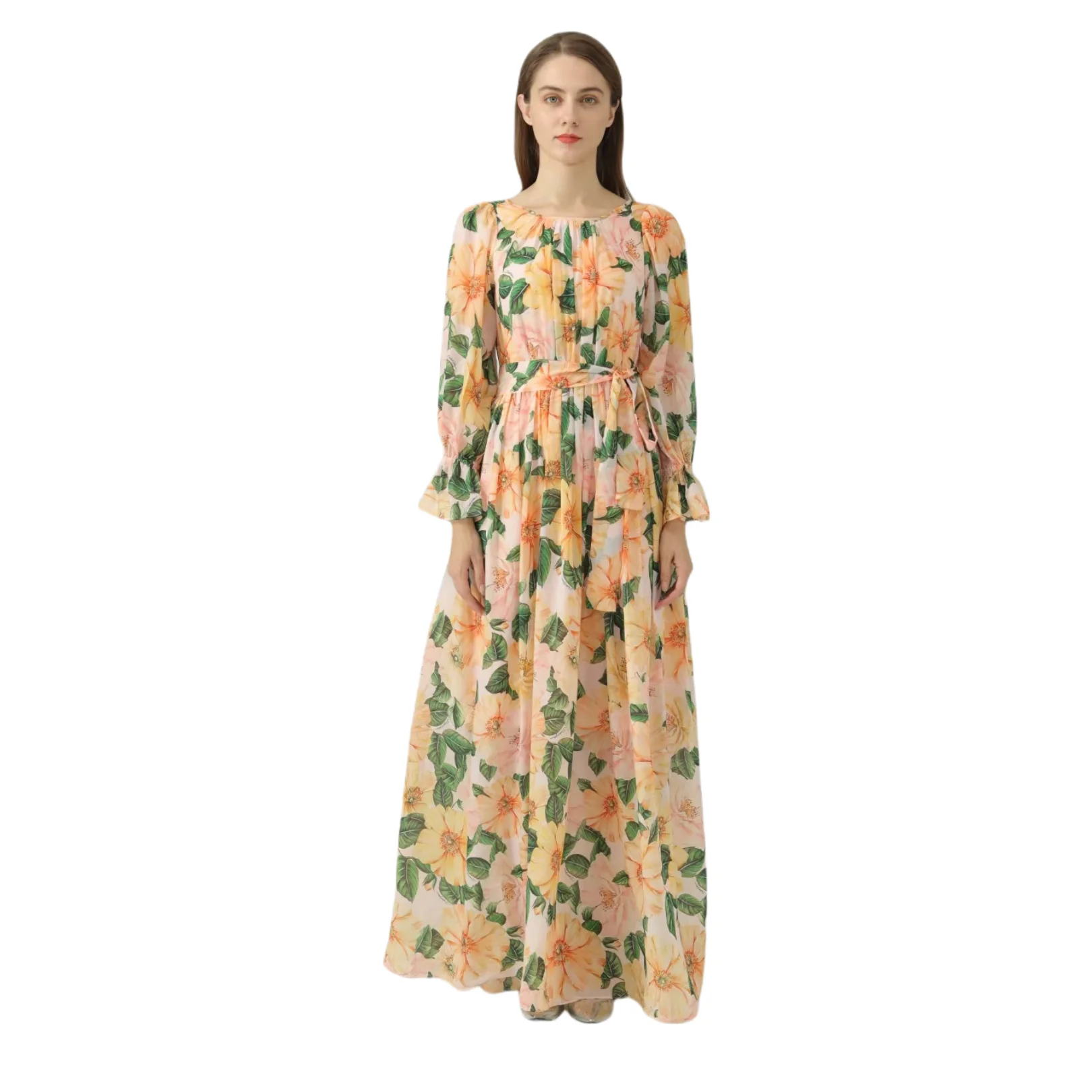 

HIGH QUALITY Luxury Designer Autumn Women's Camellia Floral Print Silk Elegant Long Sleeve Maxi Dress Runway Fashion 2024