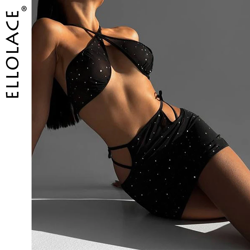 

Ellolace Star Sexy Female Lingerie Intimate Cross Halter Hollow 3PC Set Romatic See Through Woman Underwear