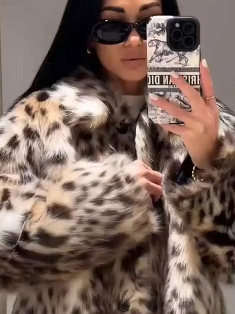 Leopardo impressão de manga comprida feminino peludo casaco de pele do falso gola elegante engrossado jaqueta quente 2024 feminino escritório