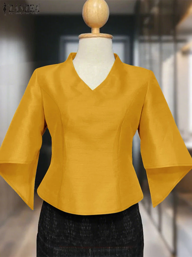 Élégant col en V bureau Blouse ZANZEA été solide chemise femmes élégant Satin hauts manches évasées irrégulières Blusas femme chemises de travail